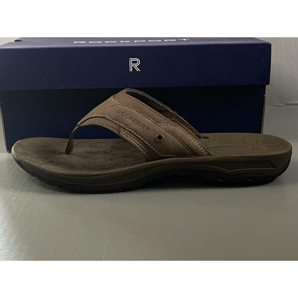 Rockport Hayes Thong Sandals Mens Size 9.5 Brown Leather Flip Flops Comfort